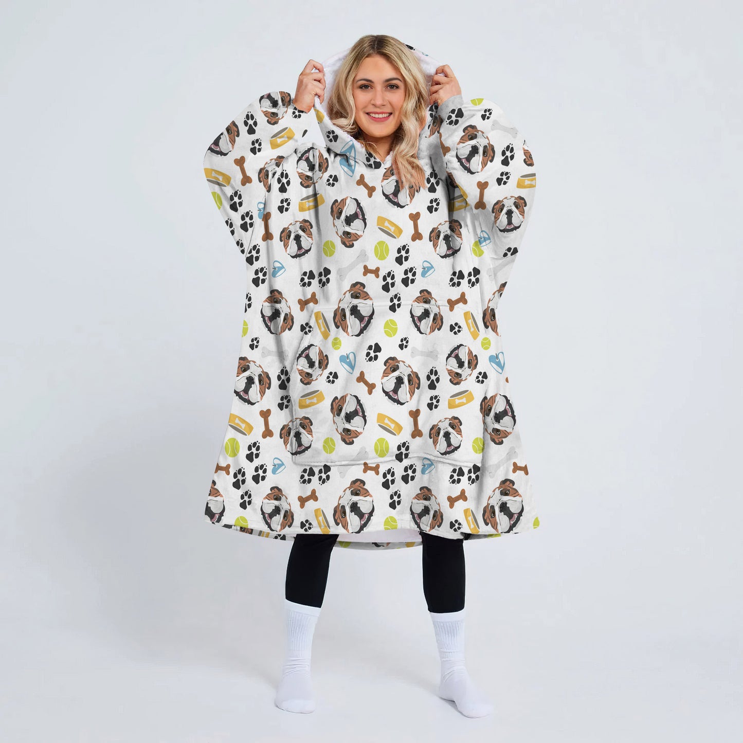 Illutration Smiling Bull Dog Face With Bone And Paw And Ball Wearable Blanket Hoodie For Adult, Oversized Sherpa Blanket Sweatshirt With Hood Pocket And Sleeves