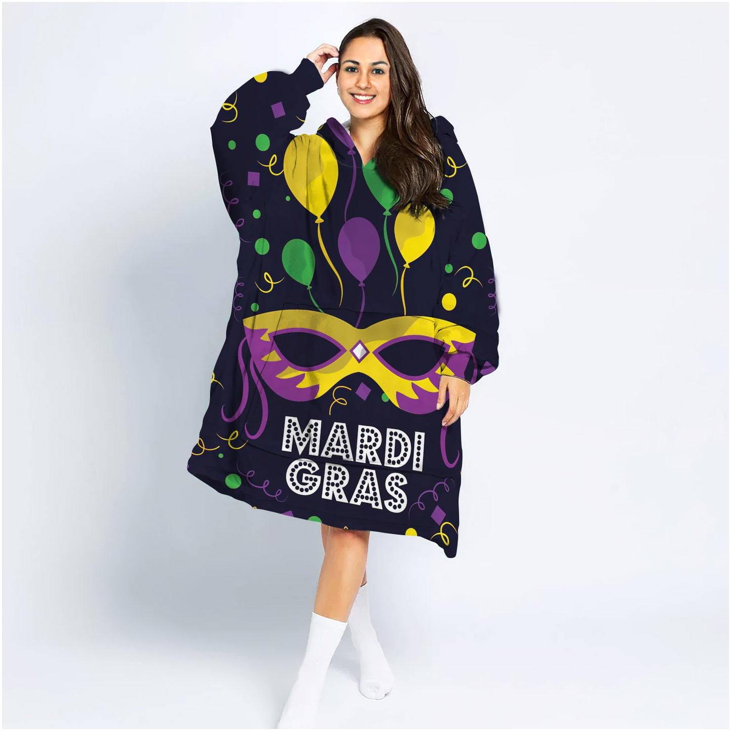 Oversized Sherpa Blanket Sweatshirt Carnival Mask With Feathers Balloons Black